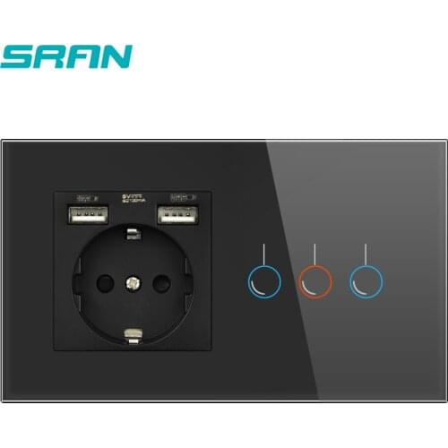 SRAN Touch sensor switch with socket with usb crystal glass panel 146*86 220V 16A wall socket with light switch 3gang 1way