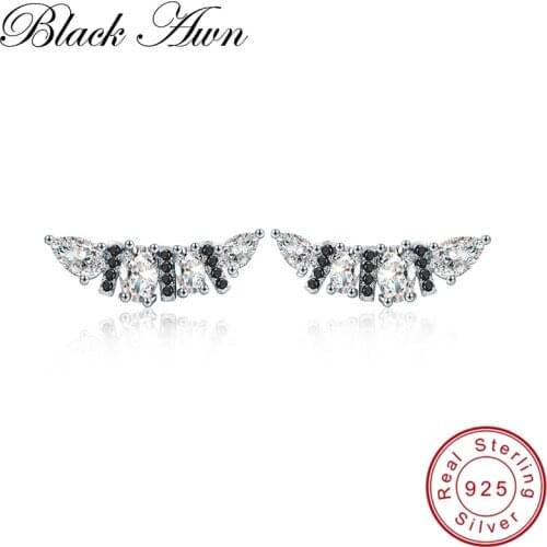 [BLACK AWN] Punk 925 Sterling Silver Jewelry Engagement Stud Earrings for Women Female Banana-boat Boucles d'oreilles I014