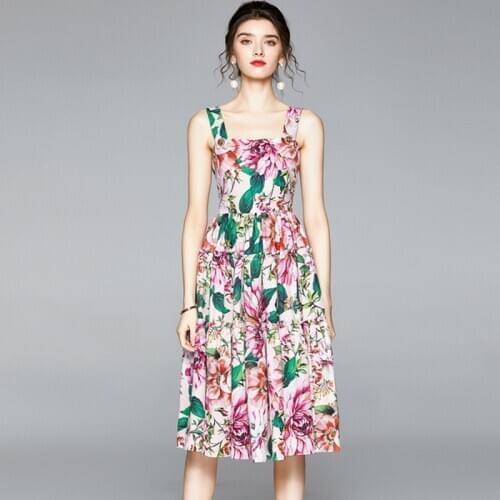 New 2020 Summer Brand Designer Spaghetti Strap Boho Dress Women Elegant Floral Print Hight waist Patchwork Holiday Dresses