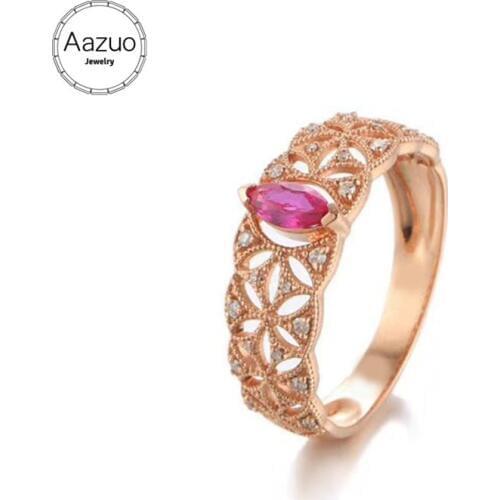 Aazuo Original Real 18K Yellow Gold Jewelry Real Diamond IJ SI 0.08ct Natural Ruby Horse Eye Ring gifted for Women Au750