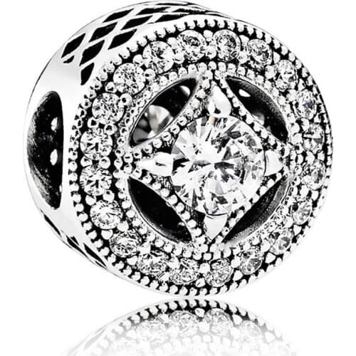 Authentic S925 Bead Vintage Allure Bead Charm for Pandora Bracelet Bangle Pave Crystals Clear CZ DIY Jewelry