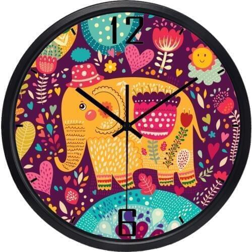 Cartoon Kid Room for Children Bedroom Wall Clock Cute Elephant Lovely Hang Watch, No Ticking Sound