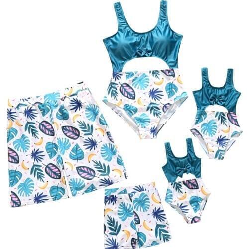 2021 European American Parent- Child Family One- Piece Swimsuit Beach Pants Solid Color Bow Print Parent- Child Swimwear