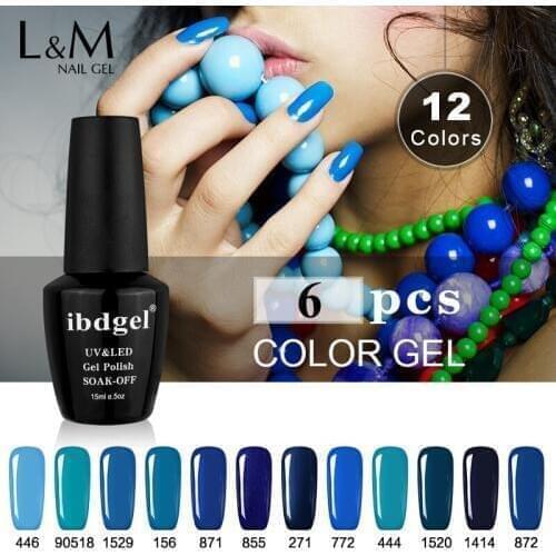 6 Pcs ibdgel Black Bottle 15ml Colorful Nail Polish Lacquer UV LED Blue Color Top Base Coat Soak-off Gel Nail Gel Primer
