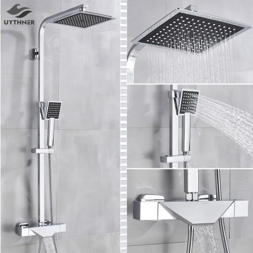 Bathroom Faucet Chrome Rain Shower Head Thermostatic Bath Faucet Wall Mounted Bathtub Shower Mixer Tap Shower Faucet Shower Set