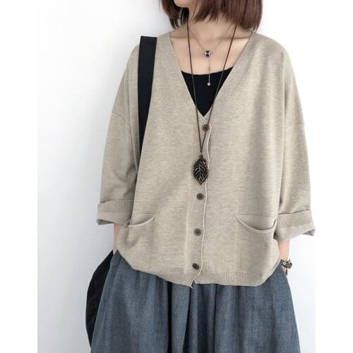 QPFJQD Women V-Neck Cardigan Loose Sweaters Full Sleeve Coats 2021 Spring Autumn Button Pockets Ladies Sweaters Solid Color