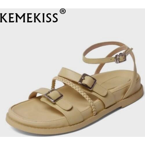 KemeKiss Real Leather Sandals For Women Round Toe Buckle Shallow Party Daily Ladies Shoes Summer Fashion Footwear Size 34-40