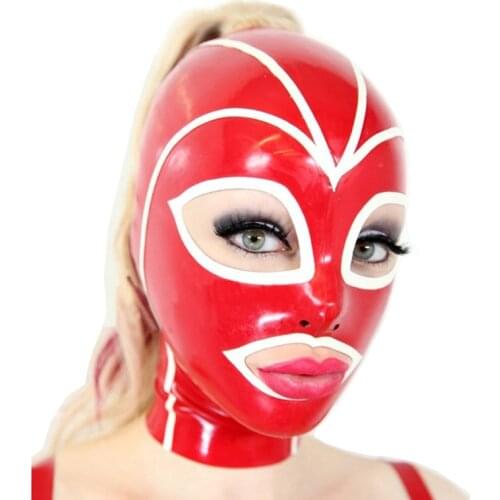 Natural Latex Rubber Women Mask With Top Hair’s Through Hole Sexy Hood Red And White Strips Decorated Handmade RLM265