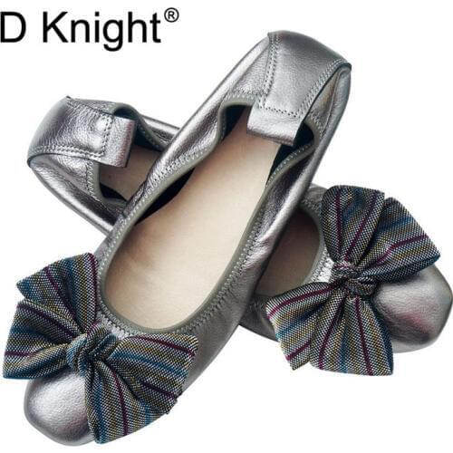 New Womens Casual Flat Genuine Leather Shoes Fashion Bow Shallow Mouth Slip-on Women Flats Vintage Ballerinas Plus Size 34-43