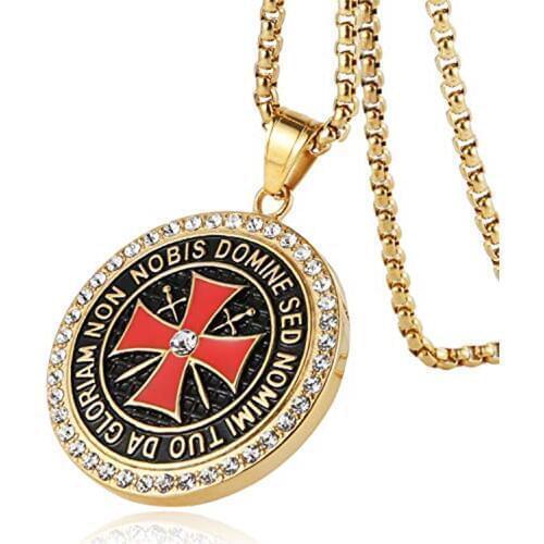 HZMAN Knight Templar Inlaid CZ Necklace-Masonic University Style Mens Gold Stainless Steel Pendant 22 + 2 Inch Chain
