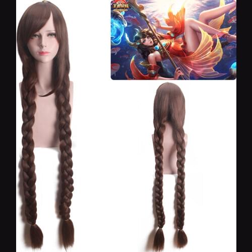 Halloween Anime King of Glory Fancy Wig 120cm Long Brown Split Double Braid Wig with Bangs High Temperature Resistantwig