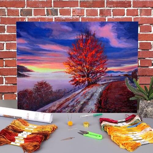 Landscape Autumn Fog Printed Fabric 11CT Cross-Stitch Kit Embroidery DMC Threads Sewing Craft Knitting Needlework Stamped
