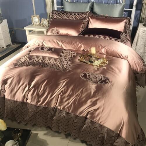 Luxury Wedding 120S Egyptian cotton Coffee Embroidery Bedding sets Queen King Lace Duvet cover Bed sheet set Pillowcases 4/6pcs