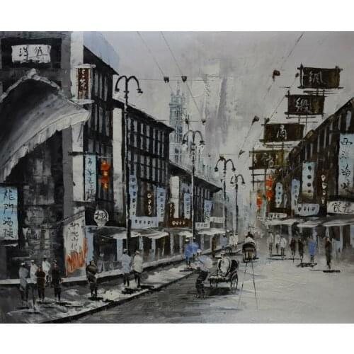 Hand Painted Canvas Knife Abstract Oil Painting White and Black Shanghai Trams Street Painting Wall Picture for Living Room