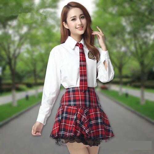Korean School Uniform Suit Girls Performers Student Costume womens japanese School uniform Wear white shirt + Plaid skirt+Tie