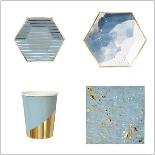 3SET / LOT New Style Disposable Tableware Blue Hexagonal Paper Plate Childrens Birthday Party Decoration Supplies Cake Dish