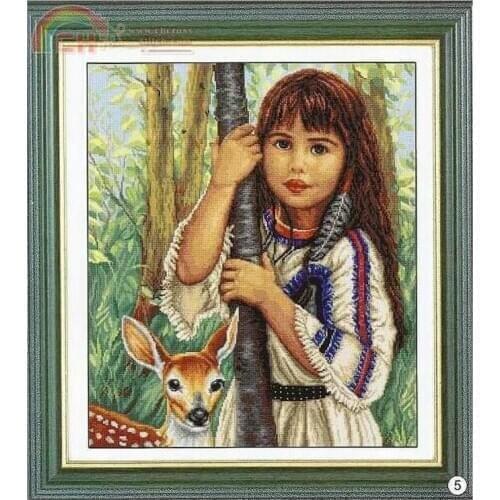Top Quality Beautiful Lovely Counted Cross Stitch Kit Brown Hair Little Girl and Deer Shepherd in Forest Trees