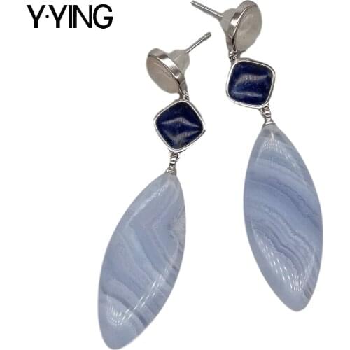 Y·YING Natural Marquise Blue Chalcedony Sodalite Stud Earring classic for women