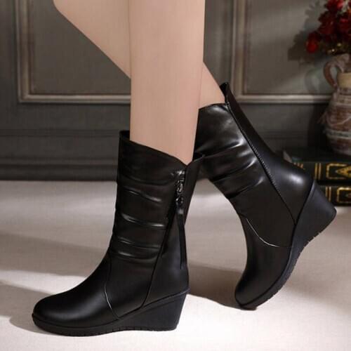 Winter boots women Mid Calf Boots Casual Pure Color Round Toe Zipper Square Heels women shoes Vintage Women Boots botas mujer