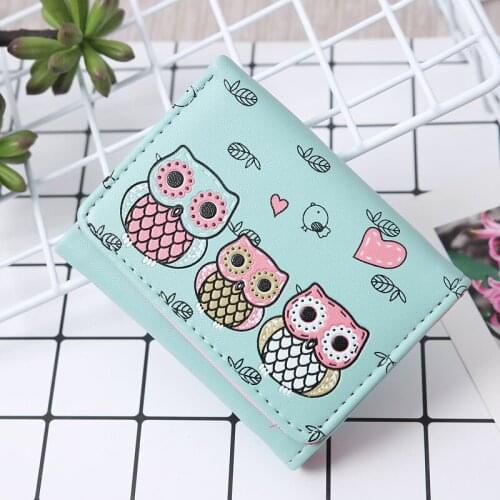 Cartoon Owl Women Short Wallets Pu Leather Three Fold Hasp Coin Purses Female Solid Color Credit Card Holder Clutch Money Bag