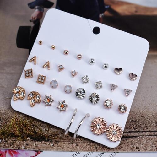 16 Pairs/lot Crystal Leaf Stud Earring Set for Women Cute Geometric Rhinestone Flowers Ear Studs Korean Earrings Brincos Jewelry