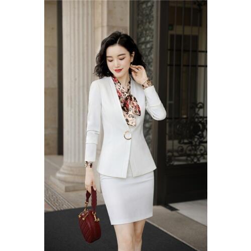 Novelty White 2019 Autumn Winter Formal Women Business Suits with Blazer and Skirt Ladies Professional Work Wear Blazers Sets