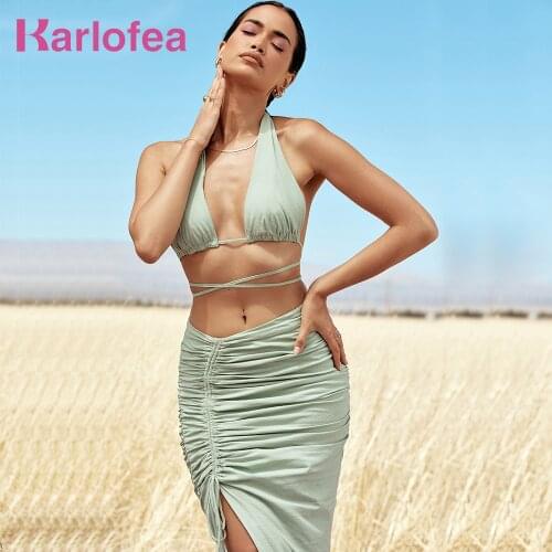 Karlofea Summer 2 Piece Matching Sets Outfits Maxi Robe Women Clothing y2k Sey Wrap Bra Tops Slit Drawstring Skirts Suit Vestido