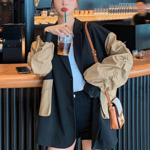 [EWQ] Korea Chic Casual Trend Women Lapel Contrast Color Stitching Loose Fashion Pocket Long-sleeved Blazer Autumn 2021 16E1333