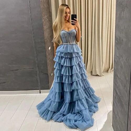 Blue Prom Dresses A-line Sweetheart Tulle Tiered Beaded Dubai Saudi Arabic Robe De Soiree Long Prom Gown Evening Dresses