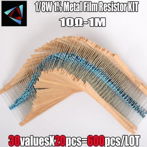 600pcs/set 30 Kinds 1/8W 1% 0.125W Metal Film Resistor Pack Assorted Kit 1K 10K 100K 220ohm 1M Resistors