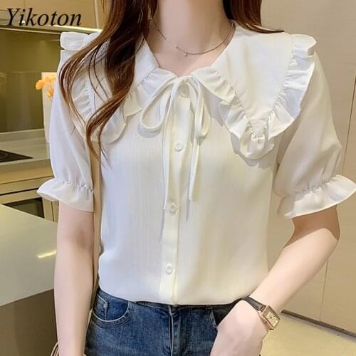 Korean Work Office Blouses Ladies White Blouse Doll Collar Puff Short Sleeve Slim Blusas Summer 2021 New Women Shirt Bow Tops