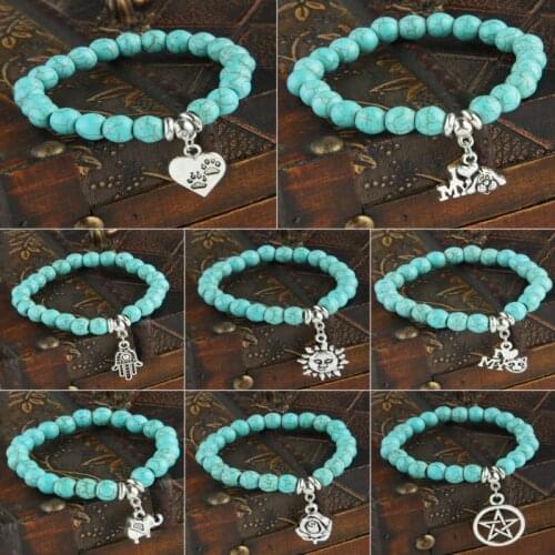 Love Heart Tree Peace Dog Tag Yin Yang Charms Bracelet Natural Stone Blue Beads Chain Bangle Women Family Friends Bracelets Gift