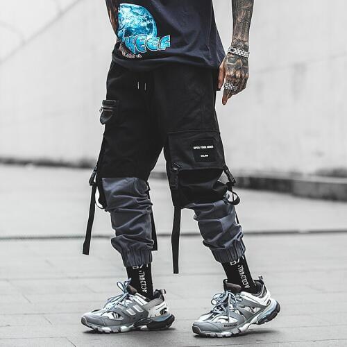Man Pants New Fashion Streetwear Stitching Color Joggers Hip Hop Long Pants Men Elastic Waist Cargo Pants Men
