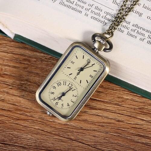 Bronze Pocket Watch Double Time Display Zone Unisex Quartz Pocket Watch With Chain Antique Rectangle For Birthday Gifts