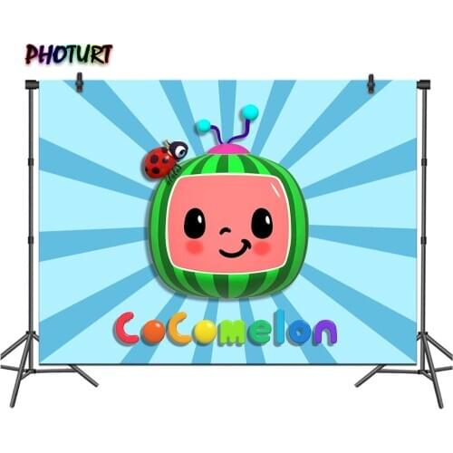 PHOTURT Cocomelon Photography Backdrop Kids 1st Birthday Party Supply Background Blue Stripe Vinyl Photo Banner Props