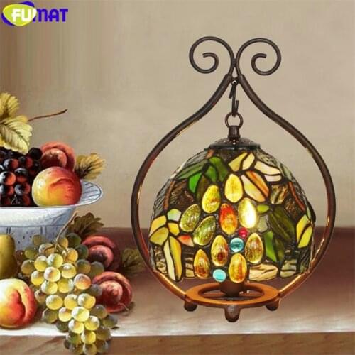 FUMAT Tiffany Style Grape Rose Night Light Stained Glass Colorful Desk Deco Bedside Eye Protection Table Lamp For Children Nurse