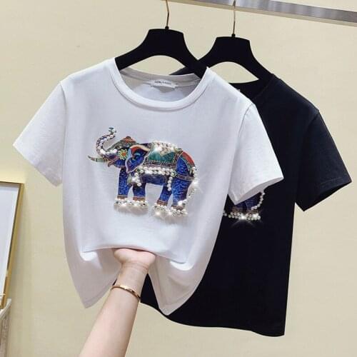 Heavy industry elephant diamond short-sleeved T-shirt women summer cotton top tees