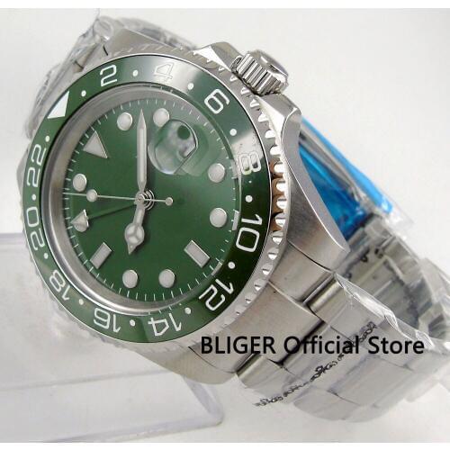 Green Face Automatic Mens Watch 40mm GMT Function Date Magifier SS Strap Bracelet Clasp