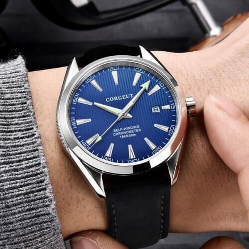 Luxury brand Corgeut 41mm men clock leather calendar Miyota Automatic relogio masculino blue Dial Sapphire Glass men watch