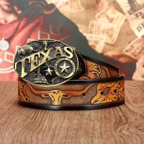 Vintage pattern Texas cow head craft leather waist mens classic smooth belt for 3.8cm