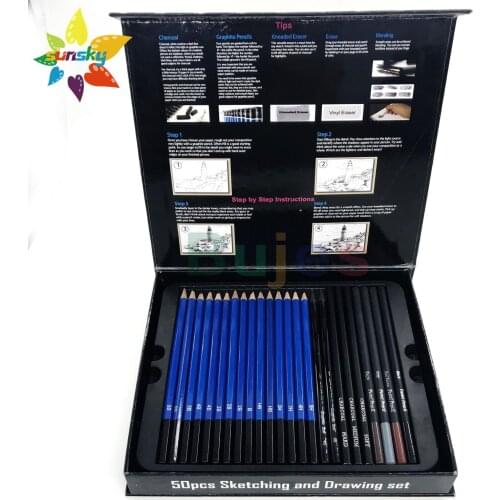 Yover 50 PCS Sketch pencil Stationery Sketching and Drawing Set Paper box set Professional charcoal pencil Painting art supplies