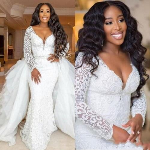 New African Luxury Long Sleeves Plus Size A Line Wedding Dresses With Derachable Train Sexy Deep V Neck Black Girl Lace Bridal