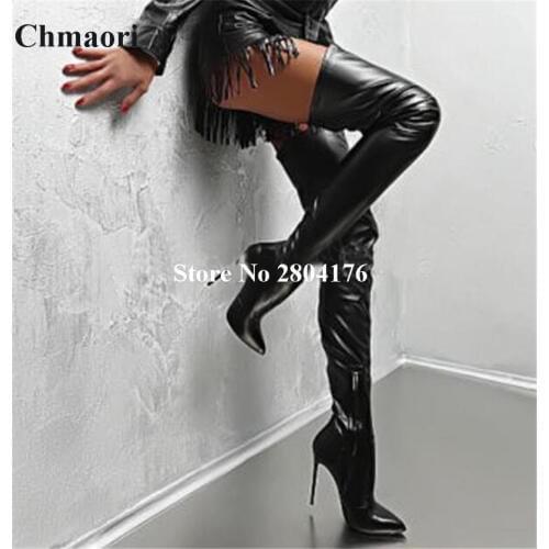 Autumn Winter Over the Knee Long Boots Pointed Toe Solid Stiletto Heels Womens Shoes Rome Motorcycle Thin Heel Slip-On Booots