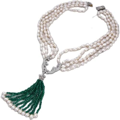 GG Jewelry 20" 5Strands White Baroque Pearl Green Agates Stone Necklace CZ Pendant