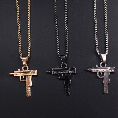 NEW Cool Gothic Hip Hop UZI Kolye GUN Shape Pendant Necklace Gold/Black Color Army Style Male Chain Men Necklaces Jewelry