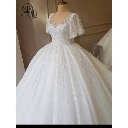 2021 Vintage Robe De Mariee Illusion O Neck Beaded Heavily Short Sleeve Shinny Ball Gown Puffy Wedding Dresses