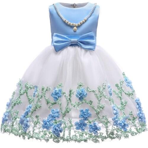 Flower Embroidery Princess Mesh Girls Dress Birthday Party Wedding Ball Tutu Dress Teen Prom Clothes Girls Pearl Chain Bow Dress