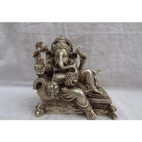 Song voge gem S2708 Tibet Silver 4 Hand Sleep Ganapati Ganesh Lord Ganesha Mouse Buddha Brass Statue