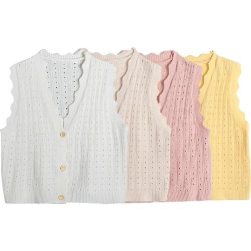 Womens Vest Sweater Sweet V Neck Hollow Out Ruffles Cardigans Za Fashion 2021 Waistcoat Causal Mujer Tops