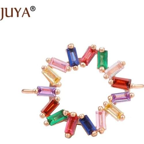 High Quality Copper Metal Inlay Rainbow Color Zircon Rhinestone Round Charm Connector For Bracelets Making Handmade Diy Jewelry